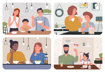 Fun family breakfast at home set vector illustration. Cartoon funny scenes in kitchen during morning meal, happy young parents and kids eat sausages and salad, croissant and play together