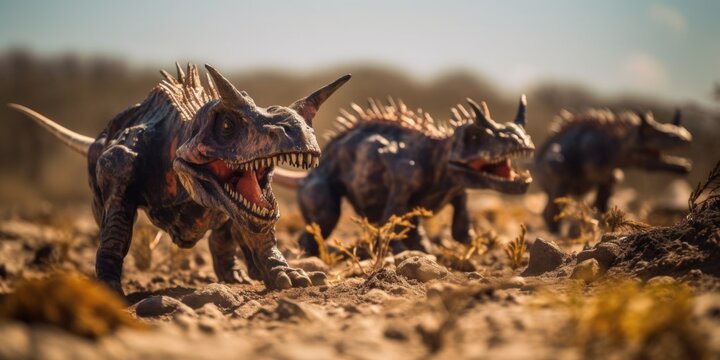 A group of toy dinosaurs walking through a field. Generative AI image.
