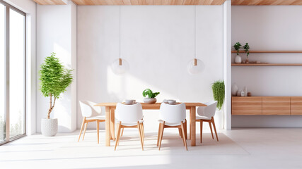 Interior of modern dining room with white walls, wooden table with white chairs. Generative AI.