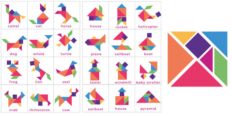 Colourful Tangram Puzzle Set with 24 pictures of animals, buildings and transport, kids activity 