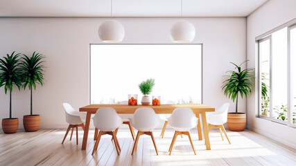 Interior of modern dining room with white walls, wooden floor, long wooden table with white chairs. Generative AI.