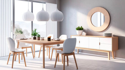 A modern dining room with white walls, long wooden table with white chairs and round mirror. Generative AI.