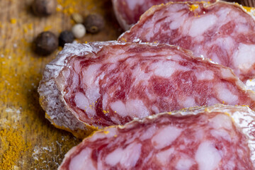 Dried veal sausage with white mold and spices