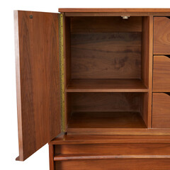Fototapeta na wymiar Stunning Mid-century Modern high dresser. 1960s vintage curved wood furniture. Front view with open cabinets. No background png. 