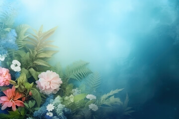 Soft pastel Spring and Summer background with fresh blossom flowers and leaves in mist. Generative AI