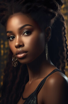 Beautiful black African American woman face hyper realistic generative AI illustration. Advertising beauty welness photo style