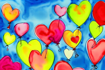 Colorful watercolor heart balloons background created with generative ai