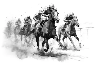 Fotobehang Jockeys sprinting with horses on a horse racing tournament, charcoal pencil drawing, horizontal poster. © Topuria Design