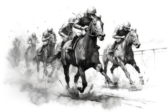 Jockeys sprinting with horses on a horse racing tournament, charcoal pencil drawing, horizontal poster.