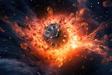 Clock in space on fire being hit by a comet. Generative AI.