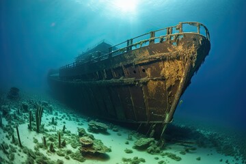 Titanic shipwreck resting on the ocean floor. The scene portrays the shipwreck in its current state, surrounded by the depths of the underwater world. AI-generated - 615262552