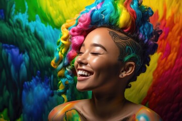 Naklejka premium Beautiful African American woman with colorful hair on rainbow background. Generative AI