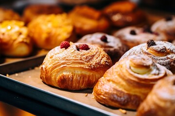 Delicious industrial pastries baked to perfection on the oven rack, showcasing the art of commercial bakery production