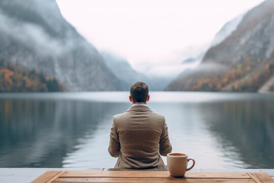 Anonymous man rests looking at a beautiful mountain landscape on an alpine lake.