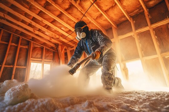 An operator fumigates with gas the floor of a wooden house under construction.