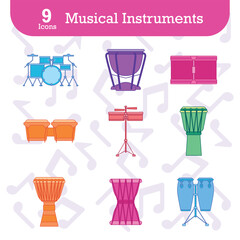 Set of colored musical instruments icons Vector illustration