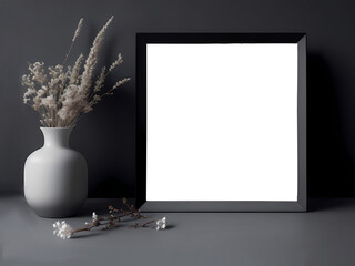 mockup with square black empty photo frame and ceramic vase with dried flowers. objects stand on light table against black wall. decor of modern minimalist interior. Ai generated