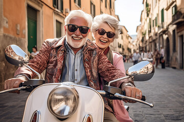 retired couple on scooter in Italy, Europe, happy old people on vacation. concept of enjoying, seizing time. dignity. image generated with ai
