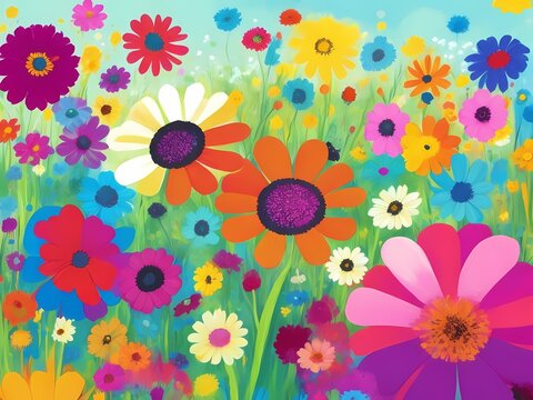 simple multicolored floral background. horizontal cute children s wallpaper with painted flowers in acrylic style