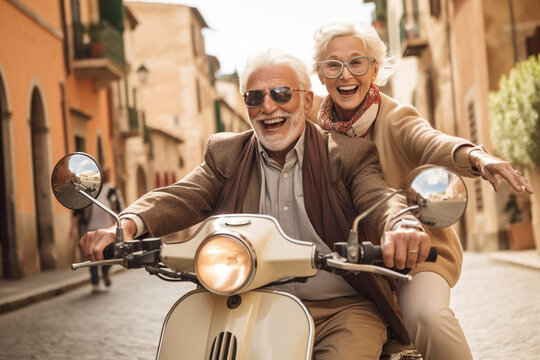 retired couple on scooter in Italy, Europe, happy old people on vacation. concept of enjoying, seizing time. dignity. image generated with ai