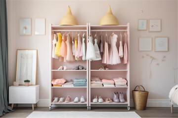 little girl's room with wardrobe with clothes. AI generated content