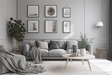 living room with pictures on the wall. AI generated content