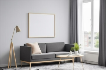 living room with mock up picture frames on the wall. AI generated content