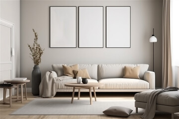 living room with mock up picture frames on the wall. AI generated content