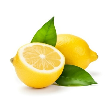 yellow lemons with leaves isolated on white. AI generated content