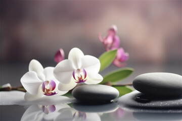 Fototapeta na wymiar Spa stones and candles with flowers on dark background. AI generated content