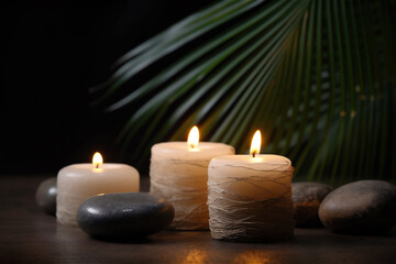 Fototapeta na wymiar Spa stones and candles with palm tree leaves on dark background. AI generated content