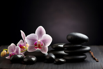 Fototapeta na wymiar Spa stones and candles with flowers on dark background. AI generated content