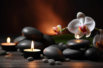 Obraz na płótnie Canvas Spa stones and candles with flowers on dark background. AI generated content