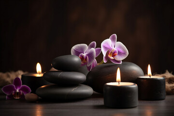 Obraz na płótnie Canvas Spa stones and candles with flowers on dark background. AI generated content