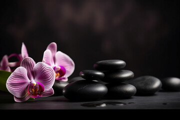 Spa stones and flowers on dark background. AI generated content