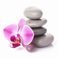 pink orchid on stack of pebbles isolated on white background. AI generated content