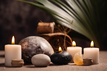 Obraz na płótnie Canvas Spa stones and candles with palm tree leaves on dark background. AI generated content