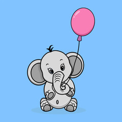 Cute elephant with a pink balloon hand drawn vector illustration. t-shirt design, fashion print design, greetings and invitations.