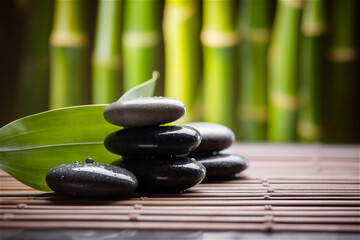 Spa Massage Stones on table with Bamboo nature background. AI generated content