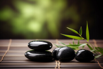 Obraz na płótnie Canvas Spa Massage Stones on table with Bamboo nature background. AI generated content
