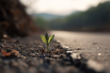 A small plant grows from a crack in the ground on a road. AI generated content