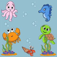 Set of sea animals and plants in cartoon style. Vector illustration on a marine theme