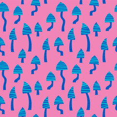 Seamless vector pattern of hand drawn cute psychedelic mushrooms. Design of repeating  magic mushrooms for printing scrapbooking paper, fabric, wallpapers, backgrounds.