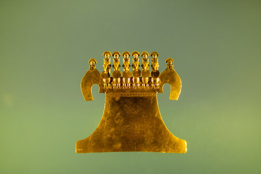 Bogota, Colombia - January 3, 2023: Muisca gold breastplate exhibited at the Gold Museum
