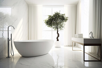 Fototapeta na wymiar Full of sun light white minimalistic bathroom with large plant and window