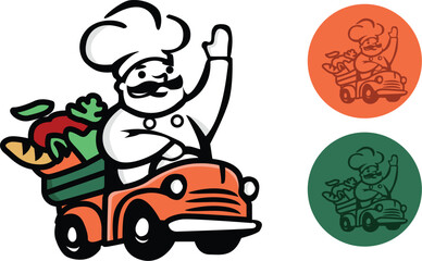 icon illustration of a chef driving a vegetable car