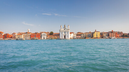 Giudecca canal in Venice with St. Mary of the Rosary church, Italy, Europe.