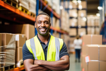 Worker in a warehouse, black African man in high visibility vest, blurred shelves stacks background. Generative AI - obrazy, fototapety, plakaty