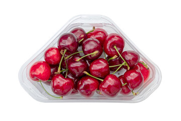 fruit cherries in plastic box on white background