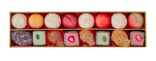 sweets in plastic box iolated on white background.